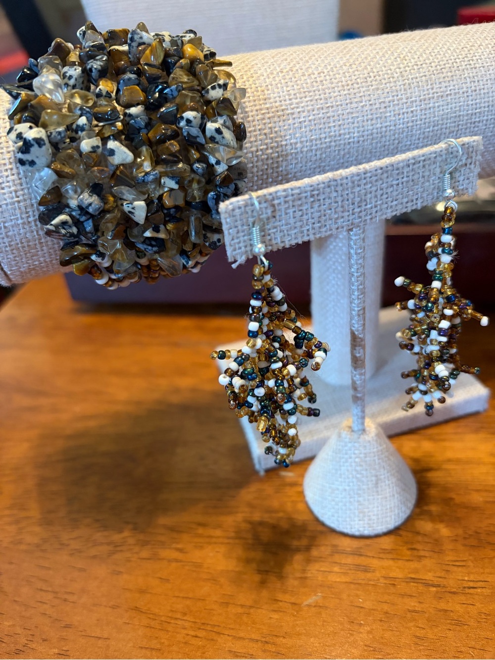 Handcrafted Beaded Earrings and Bracelet Set - Brown White Gold Accent